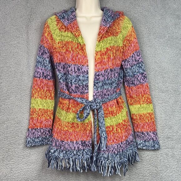 American Girl Girls L Cardigan Sweater Rainbow Stripe Wool Blend Fringe Hooded - Picture 8 of 12